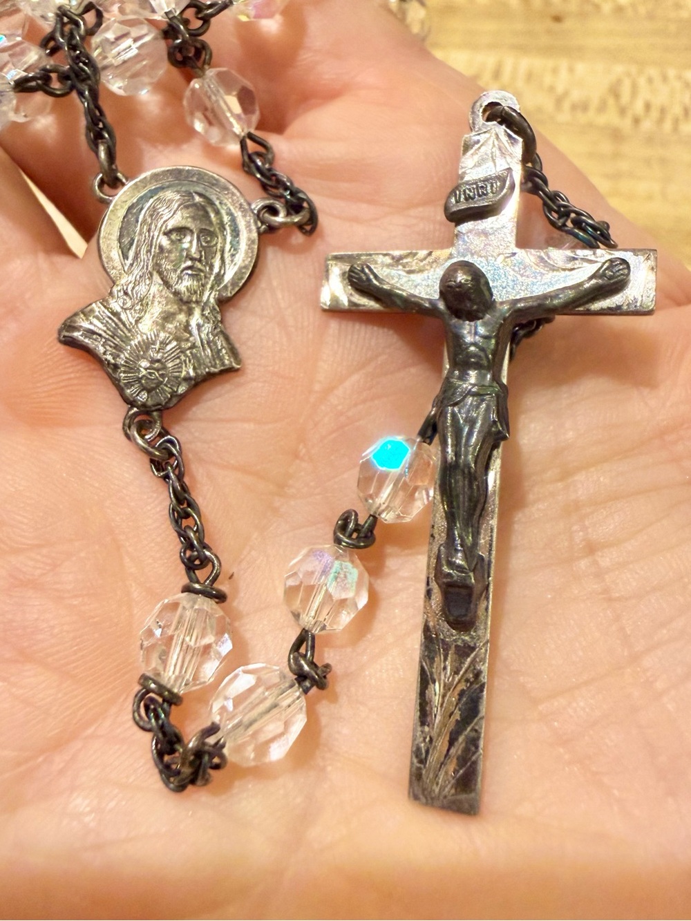 Sterling Silver HMH Religious Crucifix Glass Beads Rosary - Picture 2 of 7